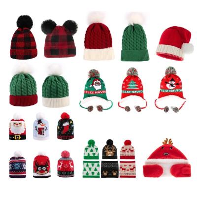 China 100% Acrylic Christmas Pom Pom Slouchy Knitted Kids Winter Bucket Hat Mom and Baby Boy and Kid Girls Acrylic Knitting Beanie Hat for sale