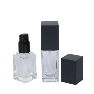 China 20ml 30ml Square Makeup Base Cosmetic Glass Bottle Skin Care Cosmetic Packaging Container for sale