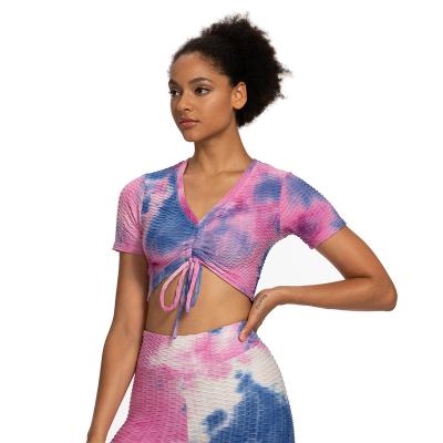 China Breathable Hot Sale Woman Diet Absorb Running Sports Sweat Fitness Yoga Tie Dye Drawstring Bra for sale