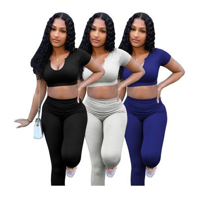 China Anti-Static Solid Color Crop Top Pants Women Summer Two Piece Set for sale