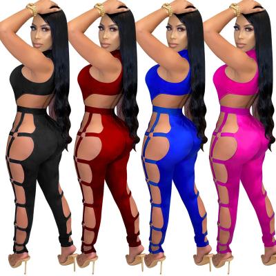 China New anti-static fashion solid color sexy O neck hollow out nightclub women tight backless overalls for sale