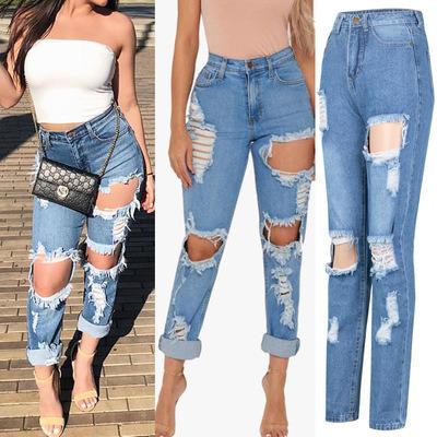 China Fashion High Quality Windproof Logo Casual Drawstring Elastic Waist Custom Destroyed Ripped Women Jeans for sale