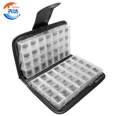 China Eco-friendly Pill Organizer 56Sky Weekly Pill Box 4 Times A Day With Large Compartments Weekly Pill Box With Outer CaseDouble Sided White 56 Day Leather Case for sale