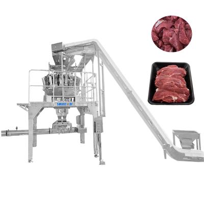 China High efficient automatic fresh meat bacon giblet beef packing machine with multifunctional weighing filling sealing automatic denester tary machine en venta