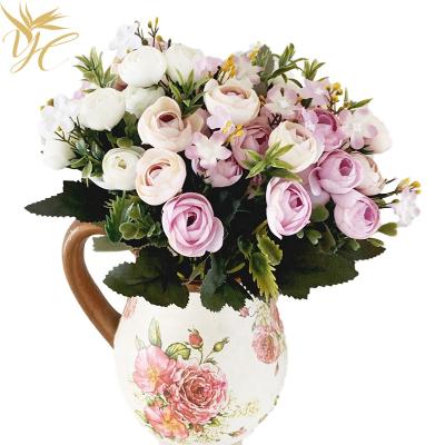 China Hot Selling Silk Artificial Flowers with Leaves Arrangement for Wedding Decoration artificialTea Rose Bud Stems for sale