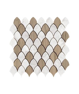 China Parquet Classic Simplicity Brown And White Fish Scale Stone Marble Mosaic Slabs for sale