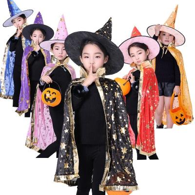 China Knitted Cloth Halloween Wizard Cape With Hat Witch Cape Kids Costume Golden Star Cape Hat Cosplay Party Costume for sale