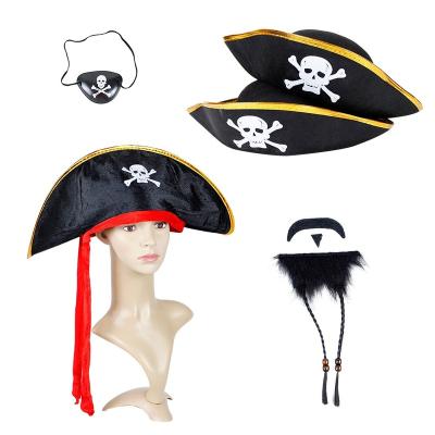 China Wholesale Halloween Costume Accessories Halloween Skull Print Pirate Captain Hat Black Pirate Eye Patch Party Hats For Caribbean Costume for sale