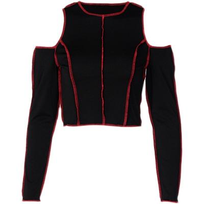 China Autumn 2022 new women's anti-car machine neck edge off-shoulder breathable round black long-sleeved T-shirt short jacket for sale