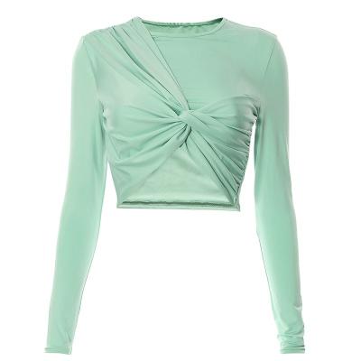 China 2022 Autumn Breathable Net Color Tied Navel Shortened Exposed Long Sleeve Women's T-shirt Basic Bodycon Shirt Blouse for sale