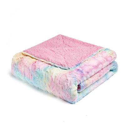 China Wholesale Manufacturer Viable Supply Rainbow Double Layer PV Fleece Sherpa Faux Fur Faux Mink Blanket for sale