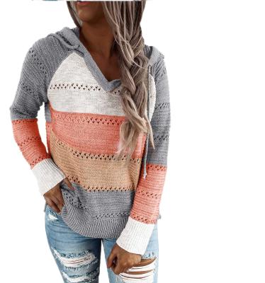 China Fashion Breathable V-Neck Knit Sweater Pullovers Color Block Striped Hoodies For Women for sale