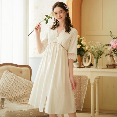 China Retro Loose Princess Court Style V-Neckline Short Sleeve Cotton Sleepwear QUICK DRY Nightgown Dress For Women for sale