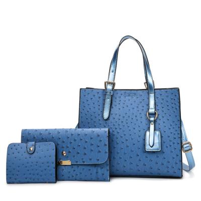 China Hot Sale Fashion Ladies Shoulder Bag Set 3 in 1 PU Tote Single Pendant Ostrich Clutch Leather Clip Purse Set for sale