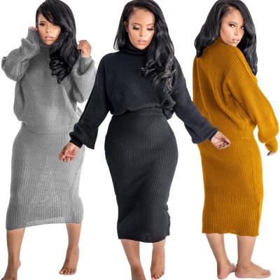 China Anti-Shrink Full Sleeve Turtle Neck Top Solid Color Midi Skirts 2 Piece Set Ladies Sweater Dress for sale