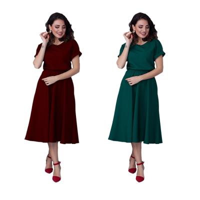 China PF2132 Anti-Wrinkle Women Casual Shorts Sheath Big Swing Skirt Dress Dresses Around Neck Elastic Waist Long Dress for sale