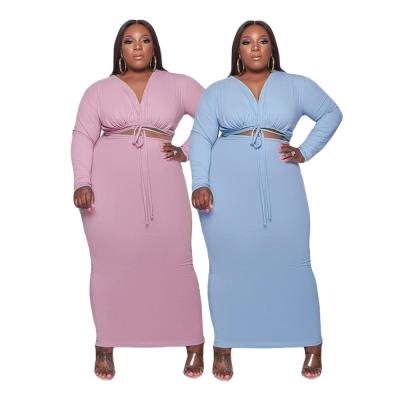 China Plus Size Women's Bodycon Dresses Big Winter Elastic String Drawstring Fashion Plain Color Waist Midi Dress Set Two Piece Sizes Along for sale