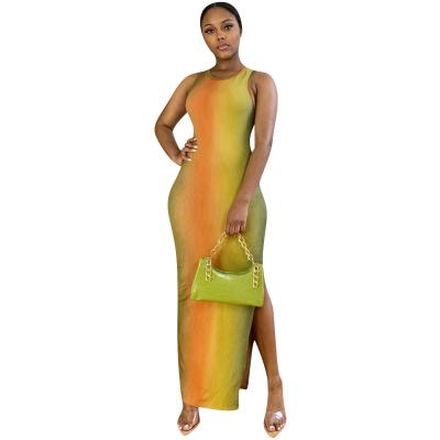 China 2021 New Design Breathable Graident Color Women's Maxi Dress Sleeveless Bodycon Casual Yellow Dress Split Lady Summer Dress for sale