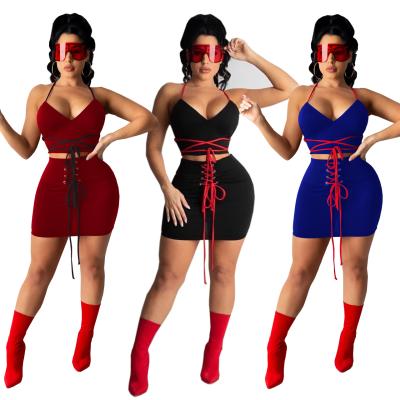 China Summer Breathable Vest Sets Bandage Two Piece Camisole Skirts Crop Top Bodycon Suit 2021 Women Two Piece Skirts Sets for sale