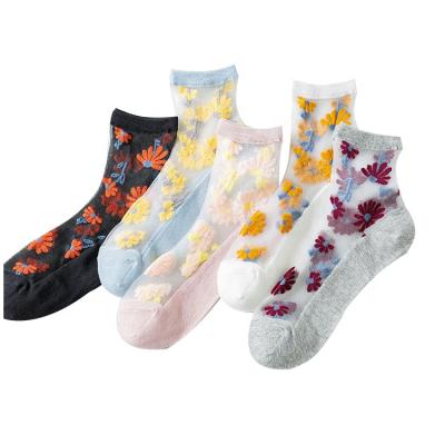 China 2020 summer spring fashion flower woman lace thin transparent crystal socks QUICK DRY silk socks for sale