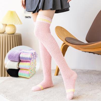 China Wholesale Breathable Women Thigh High Knee High Coral Fleece Indoor Floor Over Stripe Rainbow Socks for sale