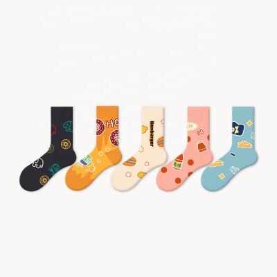 China Cute Cartoon Pink Quality Cheese Beverage Anti-foul Black Food Cotton Socks Organic Combed Women Men Unisex for sale