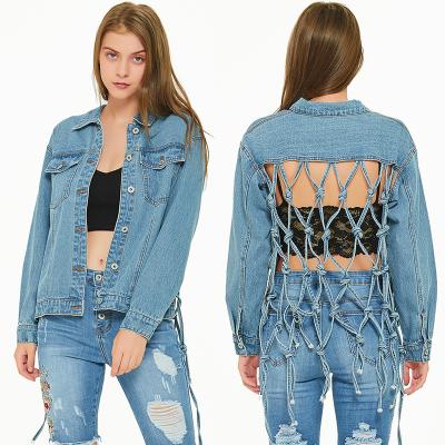 China QUICK DRY Women's Denim Crop Jacket, Denim Backless Jackets With Knots Friend Denim Jacket for sale