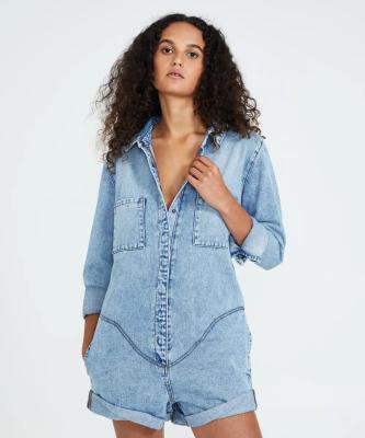 China Latest QUICK DRY Design Denim Overalls Womens Long Sleeve Loose Fit Denim Shorts Jumpsuit for sale