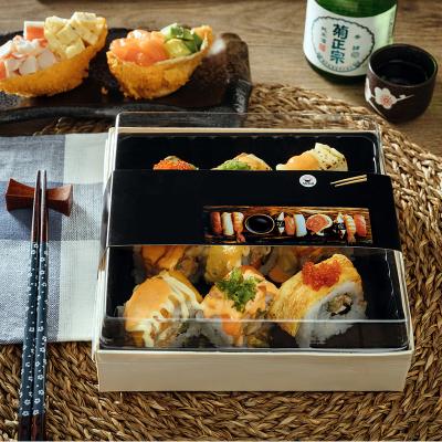 China Biodegradable Custom Printed Paper Packaging Box Sleeves Disposable Wooden Packaging Lunch Japanese Take Out Sushi Box Paper Boxes for sale