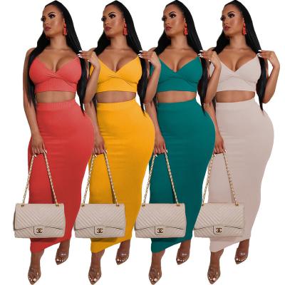 China Anti-Wrinkle Casual Dress Sehe Fashion Set Ribbed Solid Color For Ladies Adults Vintage Two Piece Pencil Sleeveless Empire Backing 4 Colors for sale