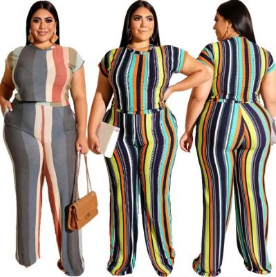 China QUICK DRY 2 Piece Stripe Tops And Long Pants Summer Casual Fashionable Women Plus Size Clothing Suit for sale