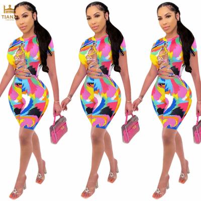 China M6136 Anti-Static - Women Modern Print Short Sleeve Bandage Bodycon Overalls for sale