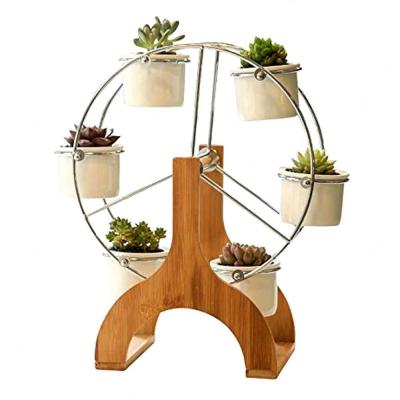 China Eco-friendly Creative Bamboo Ferris Wheel Flower Design Pot 6 Plant Stand Garden Decor Succulent Planter for sale