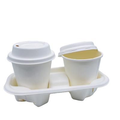 China Disposable 100% Biodegradable Compostable Household Products Sugar Cane Bagasse Take Away 2 Cup Holder Coffee Cup Tray for sale