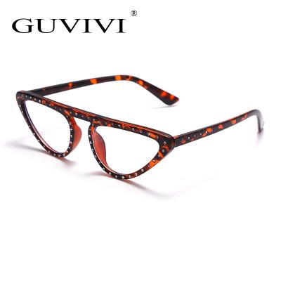 China China wholesaler sun glasses cat eye luxury new custom sunglasses GUVIVI small glass diamond-studded anti-blue light flat mirror leopard frame men and women made to order for sale