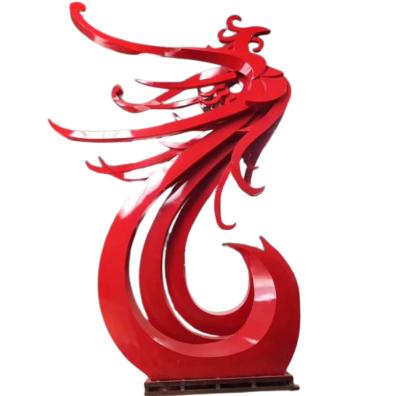 China Esculptura de pássaro de fênix vermelho ao ar livre Grande estátua de animal de metal abstrato de jardim à venda