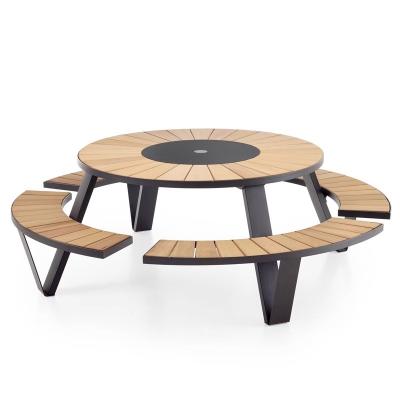 China Modern Design Durable Metal Frame Wood Top Round Table And Chairs Wooden Picnic Table Bench for sale