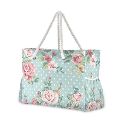 China 100% Eco-Friendly Logo Waterproof Summer Beach Bag Custom Peony Flowers Shoulder Bag Tote Bag Women Handbag for sale