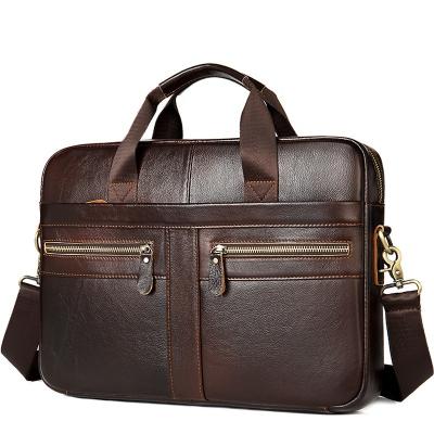 China Casual Genuine Cow Leather 14 Inch Laptop Briefcase Waterproof Handbag for Men Boys Multifunctional Men's Business Travel Shoulder Bags for sale