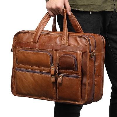 China Genuine Leather Men's Briefcase Business Genuien Casual Cow Retro 15.6 Inch Tote Bag Shoulder Messenger Bag Whip Men's Bag for sale