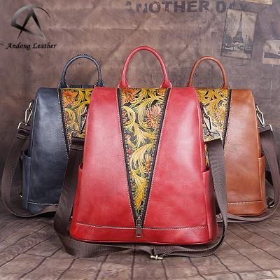 China Andong anti-theft retro backpack for women's elegant cow leather shoulder bag genuine vintage handbag large capacity retro stroll for sale