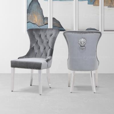 China Modern Convertible Dining Furniture Metal Legs Dining Chair Restaurant Button Decorative Gray Velvet Dining Chairs for sale