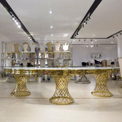 China Modern luxury gold steel frame half round dining table for wedding party for sale