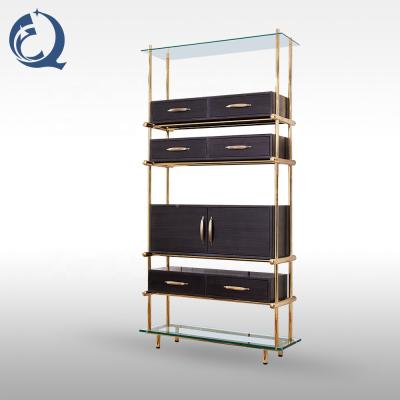 China STABLE home furniture gold frame stainless steel glass display cabinet with brown drawer and glass surface for sale