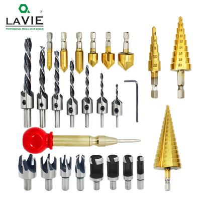 China Wood Drilling LAVIE 26 Pcs Hss Step Hex Shank Five Flute Chamfering Countersink Cylinder Claw Cork Drill Bit Set With Center Punch for sale