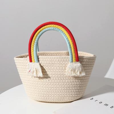 China 2022 High Quality Rainbow Cloud Handbag Cotton Woven Bag Beautiful New Seaside Vacation Beach Bag Manual Straw Woven Bag Soft for sale