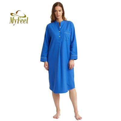 China Customized QUICK DRY Women's Cotton Nightgowns Ladies Girls Navy Long Sleeve Sleepwear Nightgowns With Pocket for sale