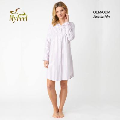 China QUICK DRY Red Stripes Button Down Nightgowns Knee Length Ladies Nightgowns With Pocket Nachthemd Damen for sale