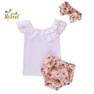 China Antibacterial Baby Clothes Top+ Toddler Pants and Handband White Cute Floral Baby Clothes Sets Baby Clothes Sets 100% Cotton for sale