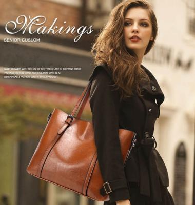 China Fashion Women Oil Tote Wax Women's Handbags Large Ladies Hand Bags With Purse Pocket Women Luxury Leather Messenger Bag for sale